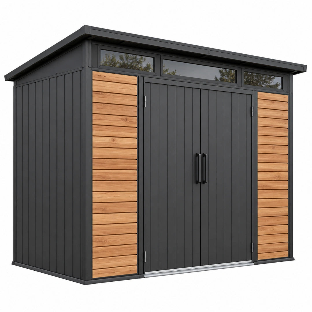 Abri de jardin 200 x 150 x 210 cm en métal noir et aspect bois à double porte contemporain