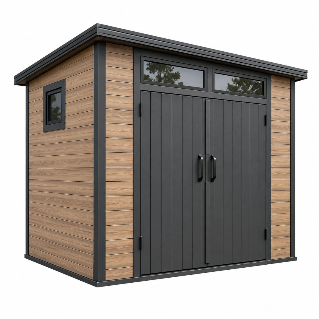 Abri de jardin 200 x 120 x 200 cm panneaux effet bois marron anthracite double porte contemporain