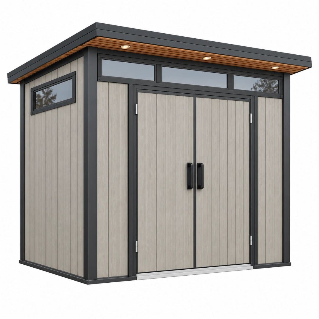 Abri de jardin 240 x 180 x 230 cm en acier gris et noir à double porte style contemporain