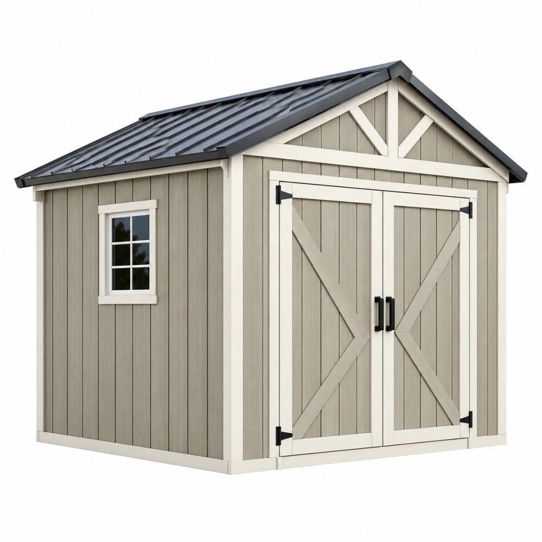 Abri de jardin 240 x 180 x 220 cm en bois gris avec toit métallique et portes doubles