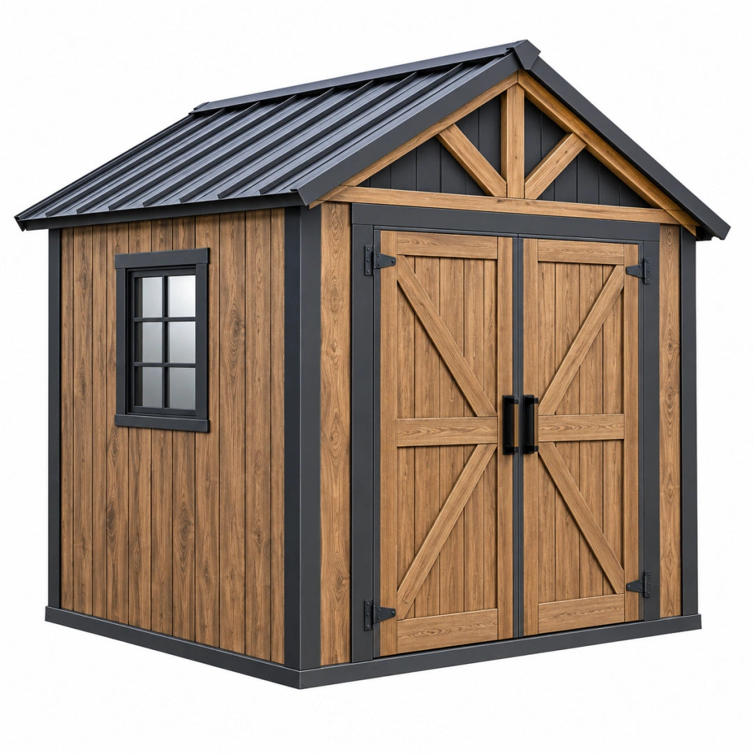Abri de jardin 240 x 180 x 220 cm en bois marron et métal noir style chalet pour rangement extérieur