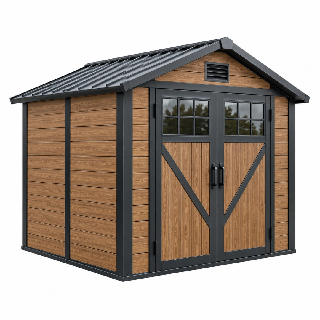 Abri de jardin 213 x 131 x 185 cm effet bois marron anthracite en acier à double porte vitrée