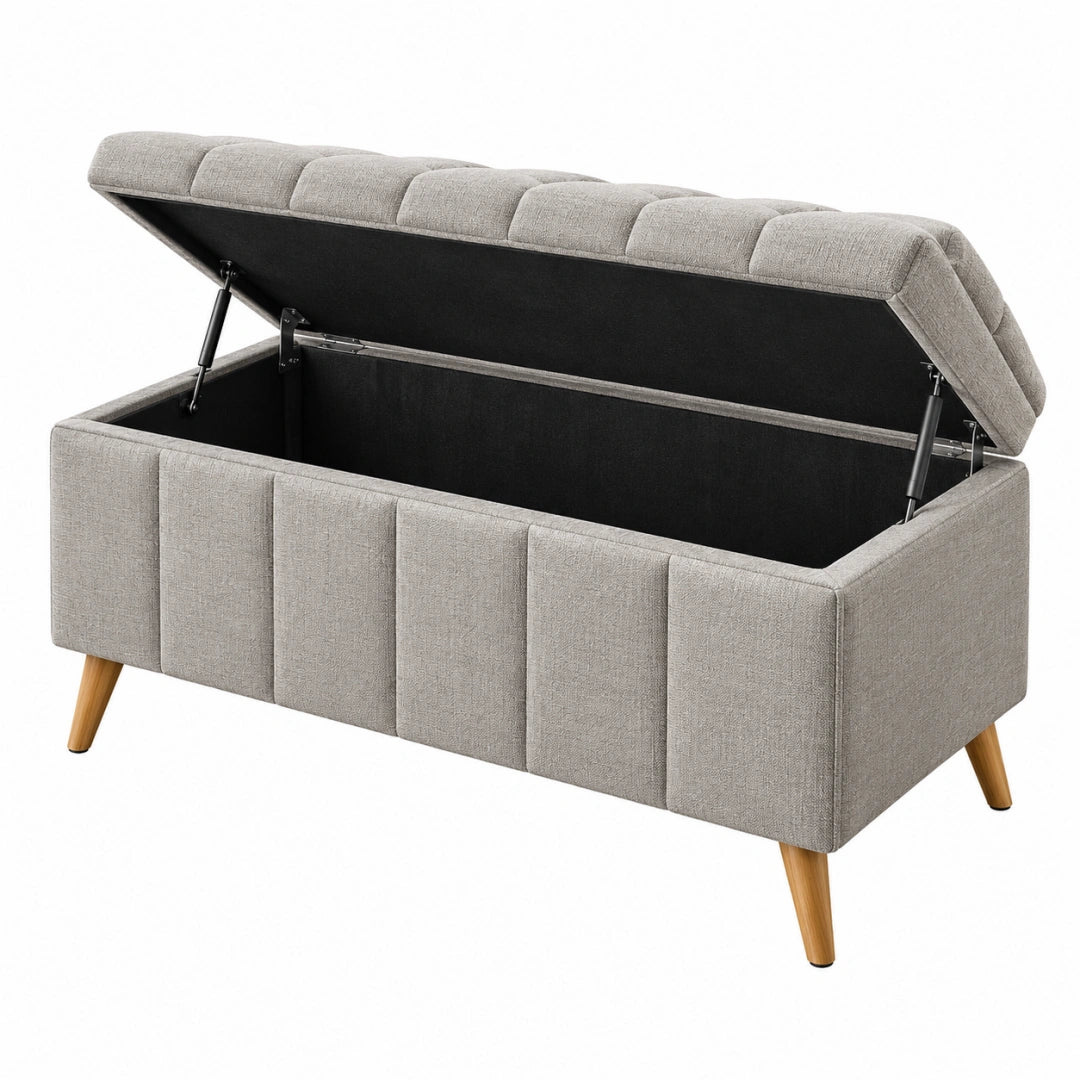 Banc coffre de rangement 120 cm en tissu gris avec assise capitonnée
