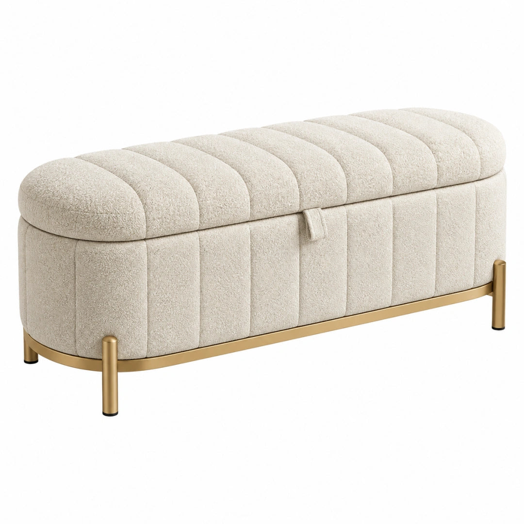 Banc de rangement 120 x 45 x 48 cm tissu bouclette beige pieds métal doré style contemporain