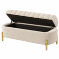 Banc de rangement BELMAREN en tissu bouclette beige avec pieds métalliques dorés, style contemporain, longueur 120 cm.