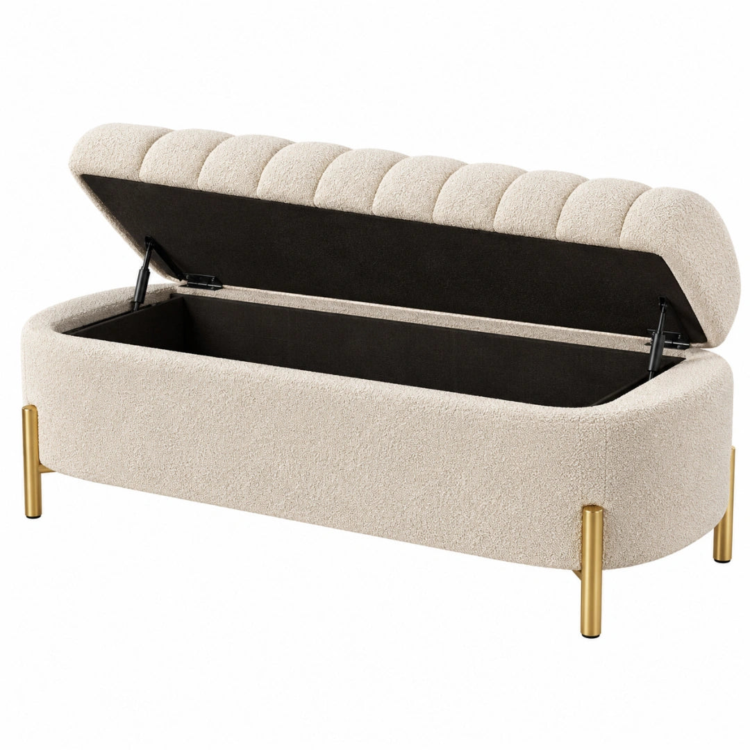 Banc coffre 120 cm en tissu bouclette beige avec pieds métalliques dorés style contemporain