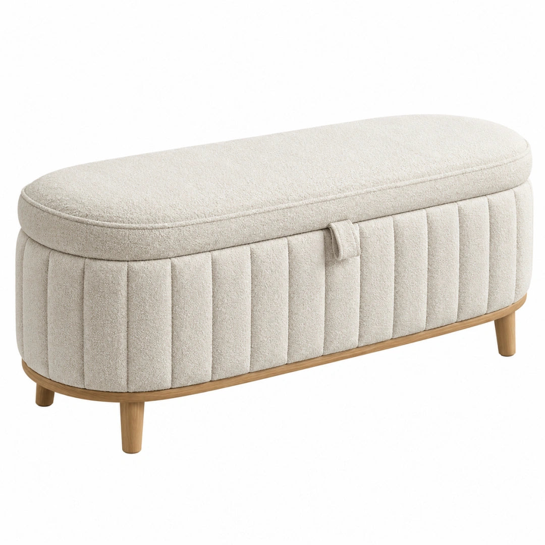 Banc coffre 110 x 45 x 50 cm en tissu bouclette écru et bois naturel style contemporain