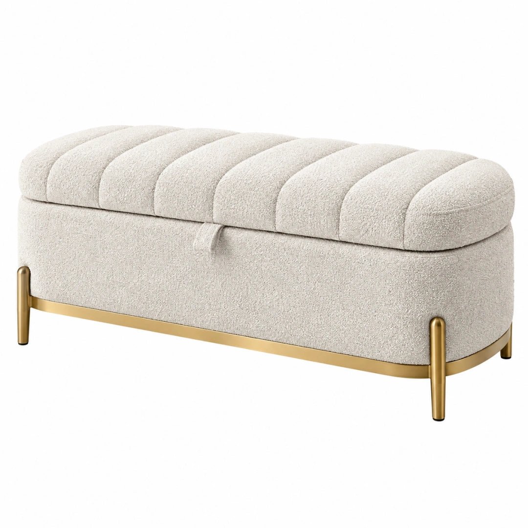 Banquette coffre de rangement 120 x 45 x 48 cm en tissu bouclette écru avec pieds dorés style contemporain