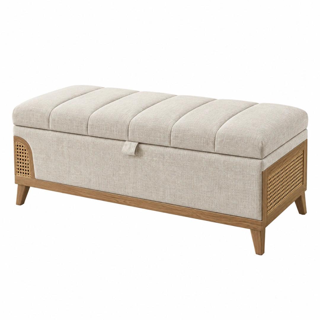 Banc coffre de rangement 120 x 45 x 50 cm tissu beige bois style bohème