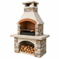 Barbecue de jardin BELMAREN en béton et pierre beige, 120x70x220 cm avec grill réglable, pour cuisson en extérieur.