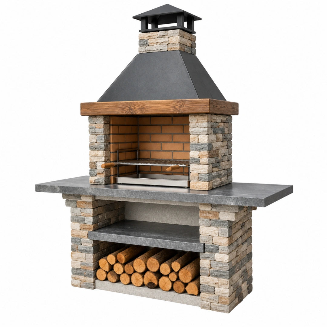Barbecue extérieur 150 x 80 x 230 cm en pierre gris beige avec grille style cheminée