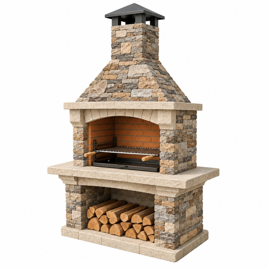 Barbecue extérieur 120 x 70 x 230 cm en pierre beige et grise avec grille réglable