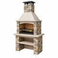 Barbecue extérieur en pierre beige et gris BELMAREN avec grille réglable, dimensions 100x70x220 cm, pour cuisiner en plein air.