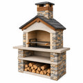 Barbecue de jardin 120 x 70 x 230 cm en pierre bois et acier avec cheminée style rustique