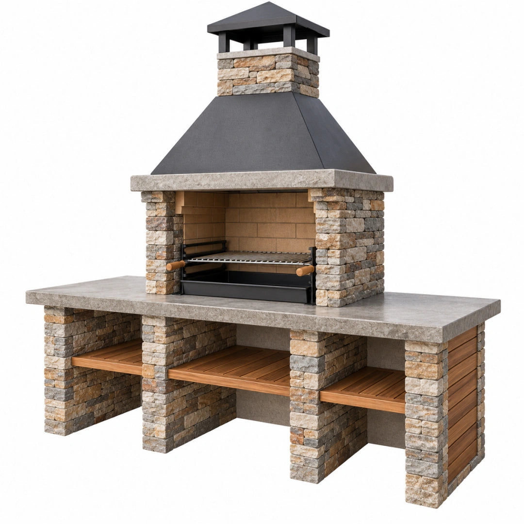 Barbecue extérieur 220 x 90 x 245 cm en pierre et acier noir avec grille de cuisson et plan de travail