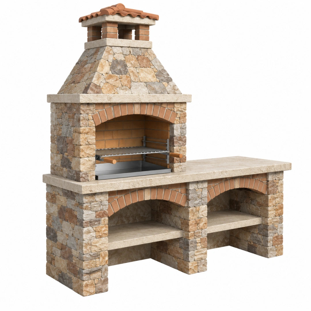 Barbecue de jardin en pierre 180 x 70 x 230 cm beige marron avec cheminée et plan de travail