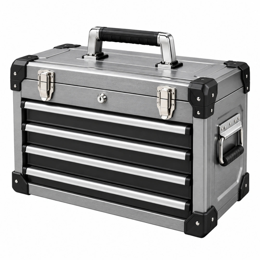 Coffre à outils 46 cm 24 cm 30 cm en aluminium argenté et noir avec tiroirs portable