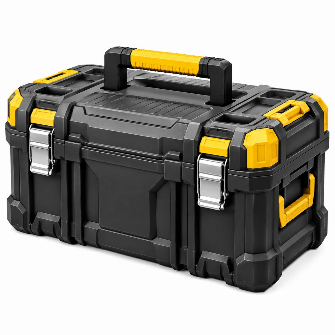 Caisse à outils 60 x 35 x 32 cm en plastique noir et jaune avec poignée et fermetures métalliques