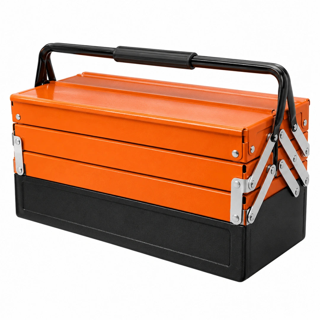 Boîte à outils 50 x 25 x 28 cm en acier orange et noir à plateaux dépliants