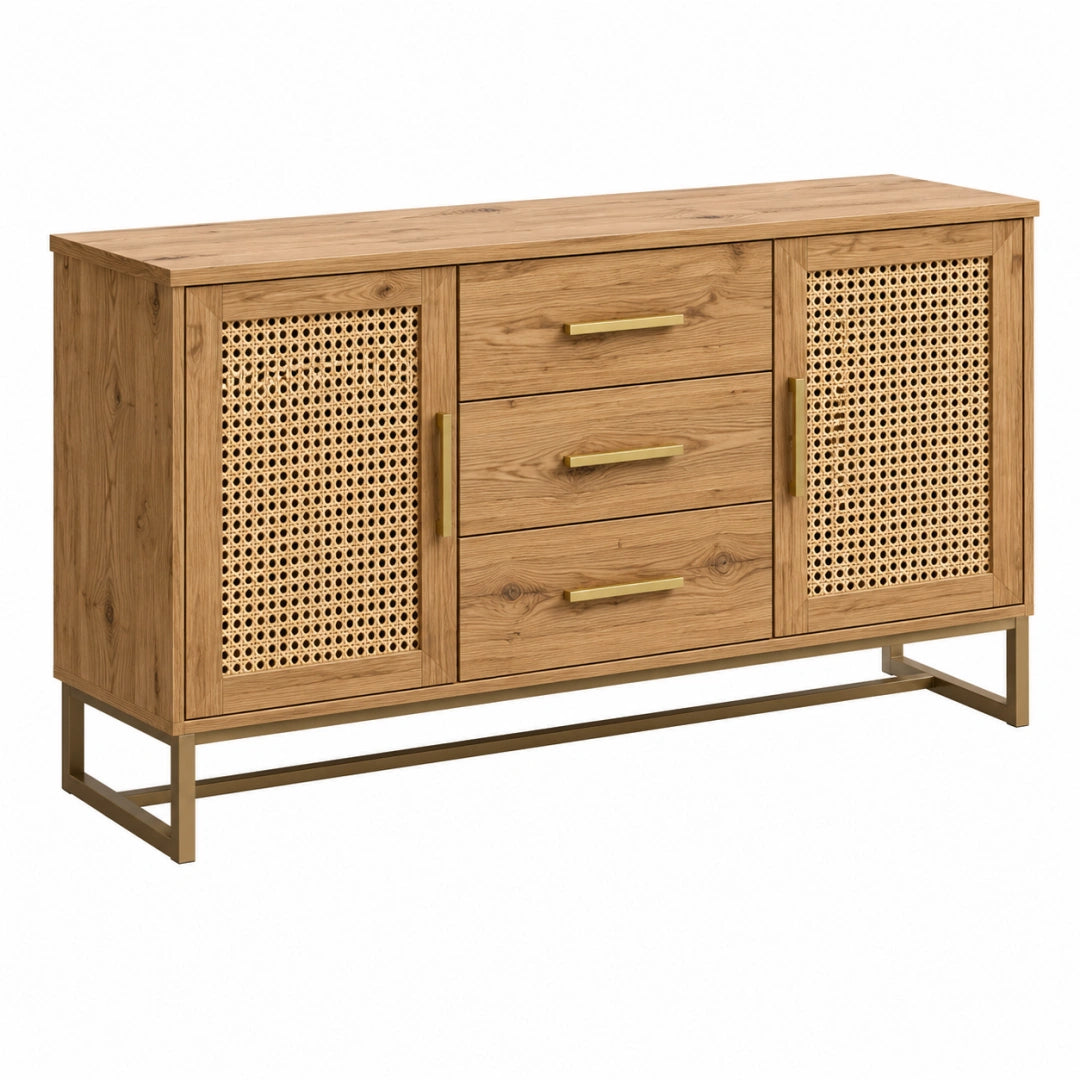 Buffet 150 cm en bois brun avec cannage et pieds métalliques style naturel