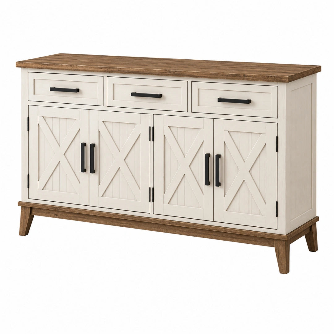 Buffet 160 x 45 x 90 cm en bois blanc et marron style campagne avec 3 tiroirs et 4 portes