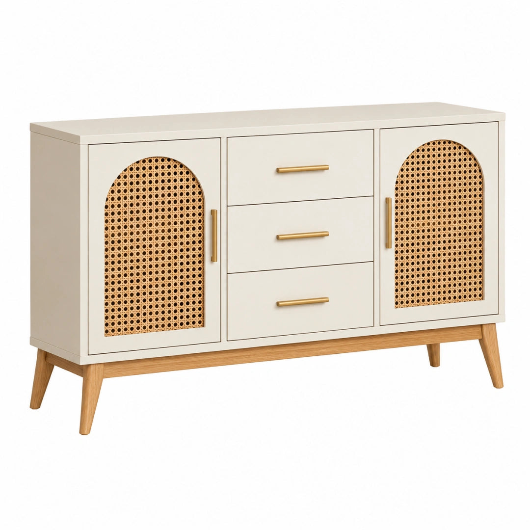 Buffet 120 x 40 x 80 cm blanc cassé en panneaux bois et rotin tressé style bohème