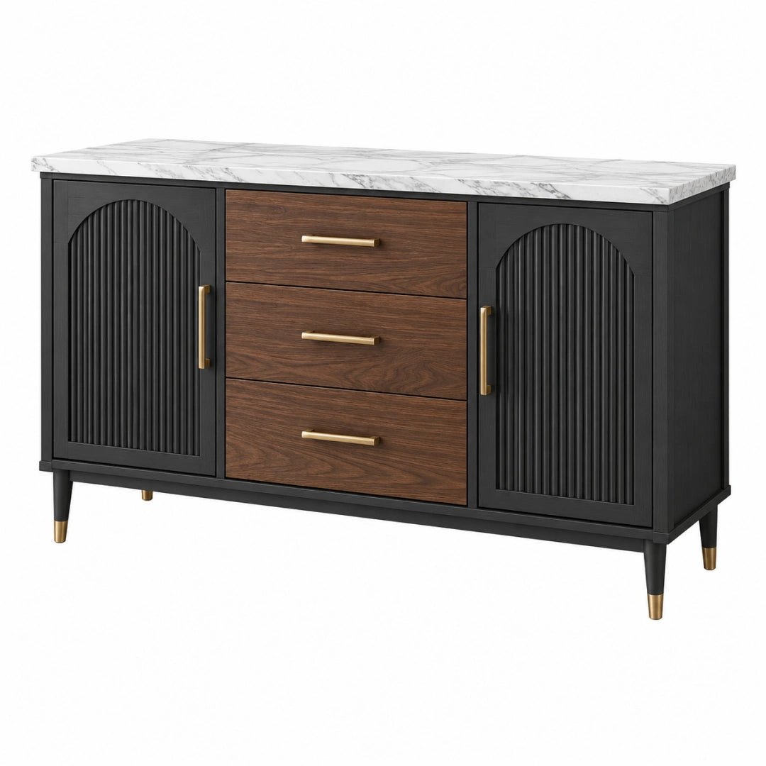 Buffet 160 x 45 x 85 cm en panneaux de bois noir et brun avec plateau décor marbre style moderne