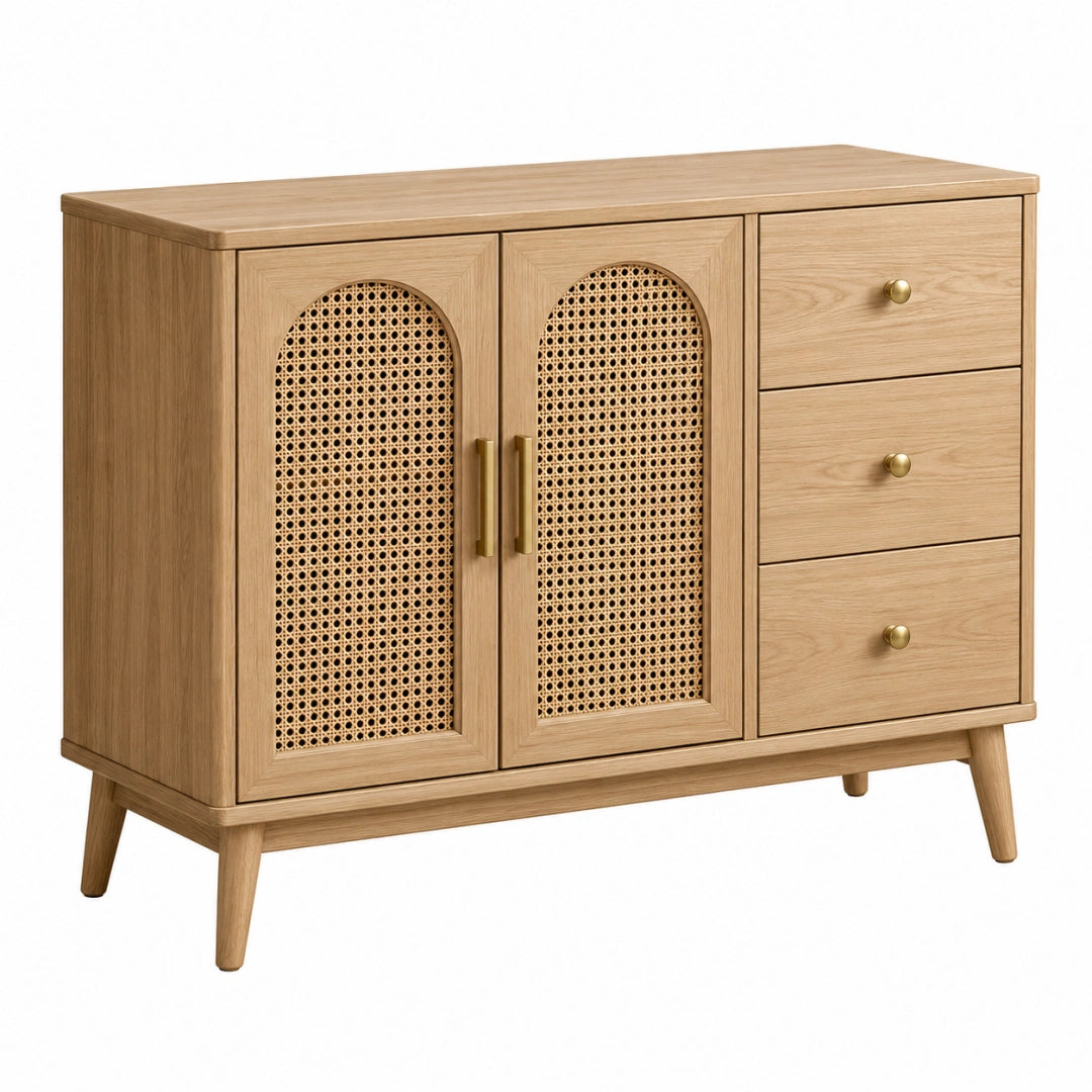 Buffet 120 cm bois clair cannage 3 tiroirs rangement style rétro