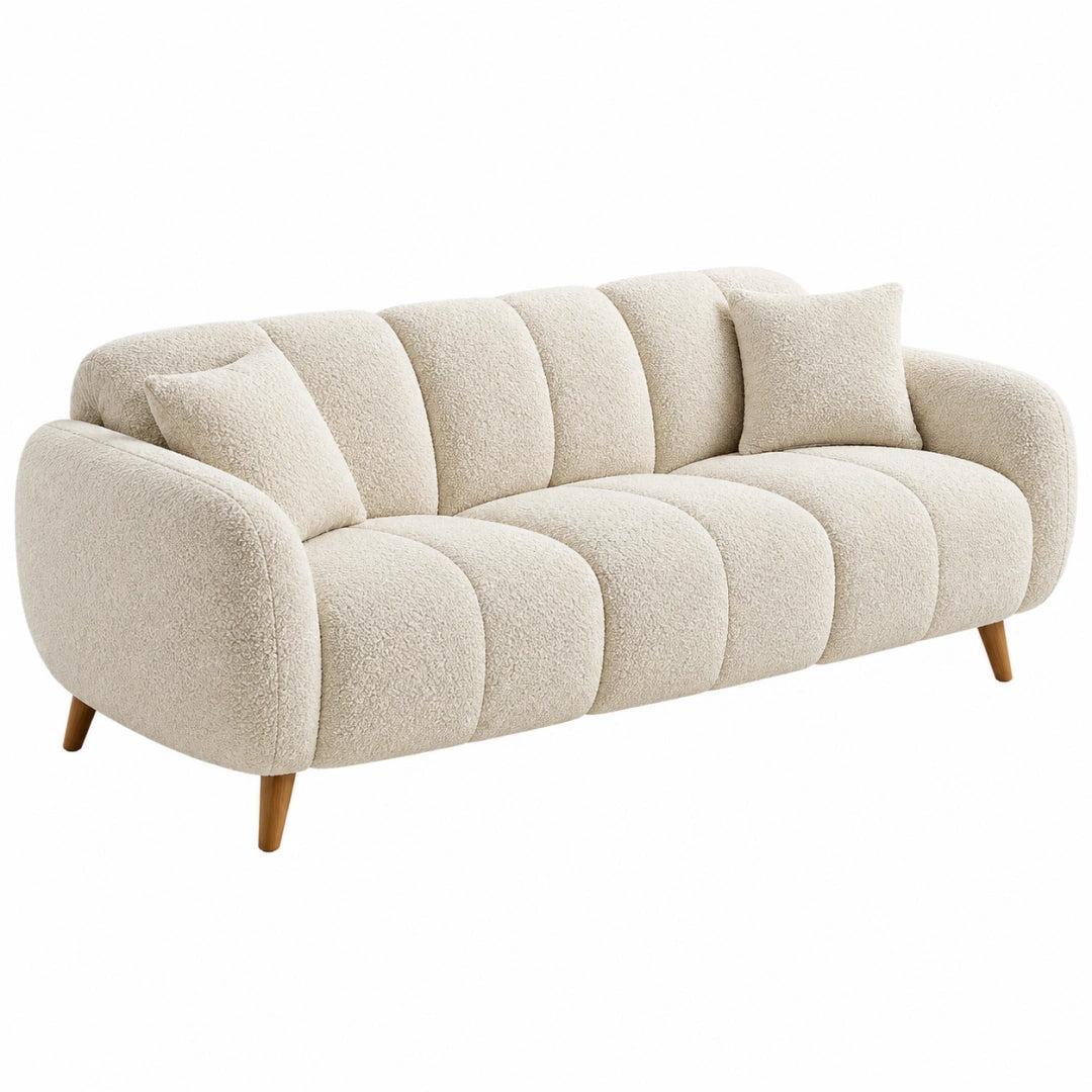 Canapé 3 places 210 x 90 x 82 cm en tissu bouclette écru avec pieds en bois - style contemporain