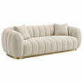 Canapé 3 places en tissu bouclette beige avec piètement doré, style contemporain, dimensions 220 x 95 x 75 cm, marque BELMAREN.