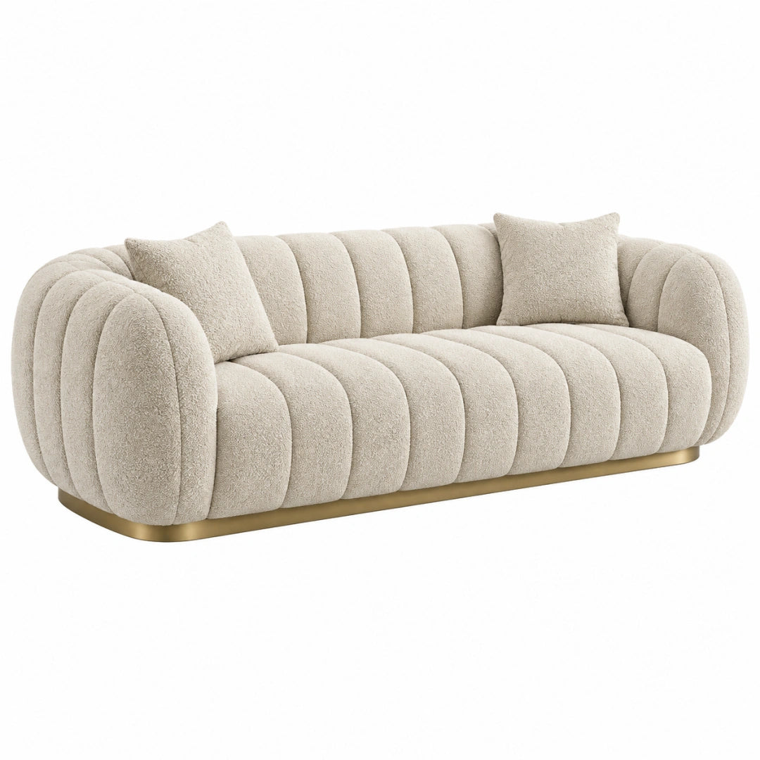 Canapé 3 places 220 x 95 x 75 cm en tissu bouclette beige avec piètement doré style contemporain