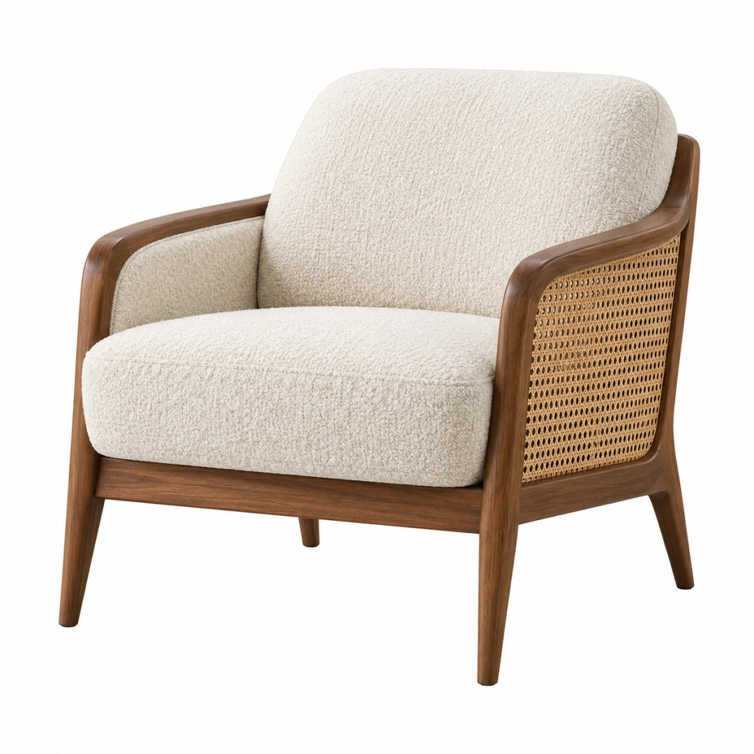 Fauteuil 76 x 78 x 82 cm en bois brun tissu bouclette écru et cannage style naturel