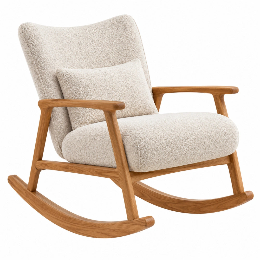 Fauteuil à bascule 75 x 90 x 100 cm en bois beige tissu bouclette style scandinave