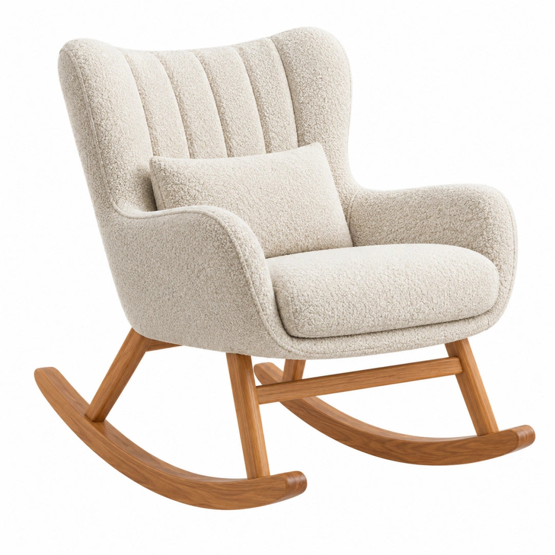 Fauteuil à bascule 78 x 90 x 105 cm en tissu bouclette beige et bois style scandinave
