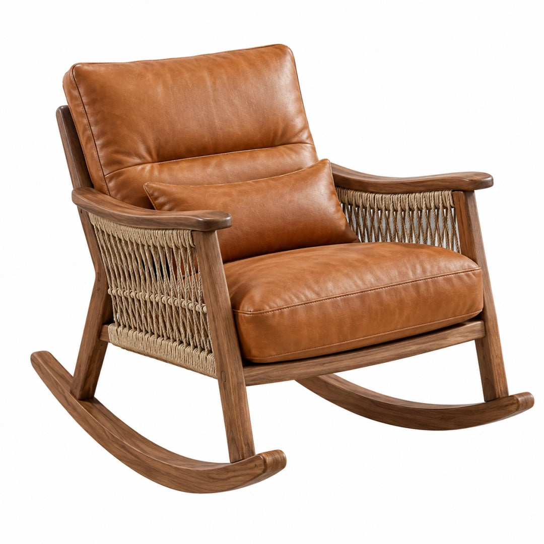 Fauteuil à bascule 98 x 70 x 92 cm en bois brun et revêtement aspect cuir camel style bohème
