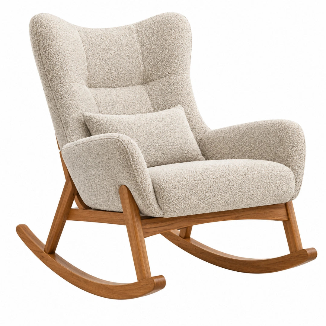 Fauteuil à bascule 75 x 95 x 105 cm en tissu bouclette beige et bois style scandinave
