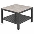 Table basse de jardin 80 x 80 x 45 cm métal noir plateau effet pierre gris avec tablette basse
