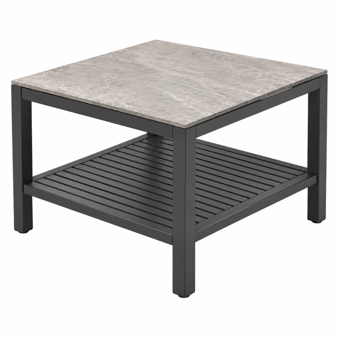 Table basse de jardin 80 x 80 x 45 cm métal noir plateau effet pierre gris avec tablette basse