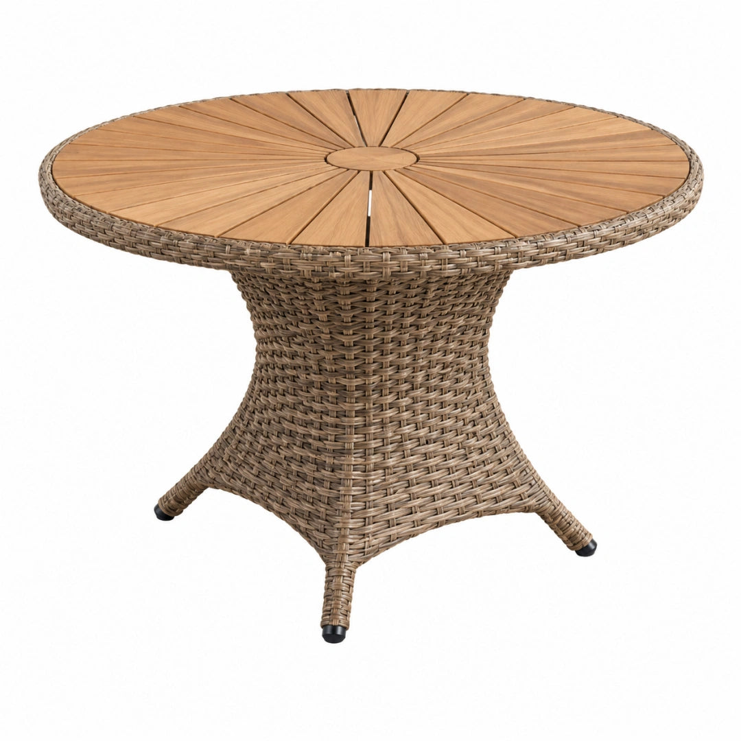 Table de jardin ronde 120 cm en bois et résine tressée marron style naturel