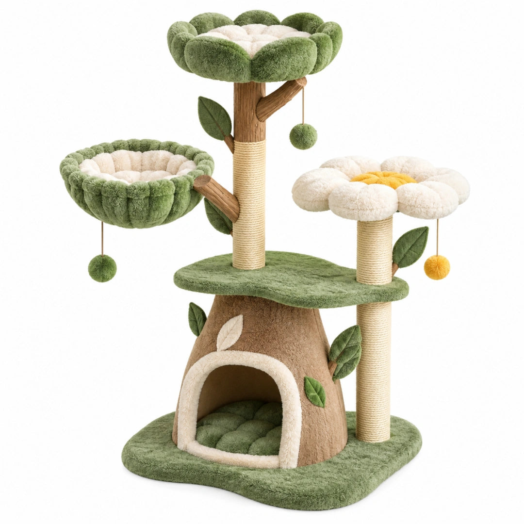 Arbre à chat 60 x 50 x 120 cm en sisal et peluche vert beige avec niches et plateformes