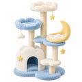 Arbre à chat BELMAREN en sisal et peluche bleu blanc jaune avec niches et plateformes, dimensions 60x50x120 cm