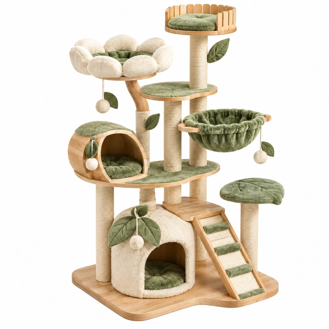 Arbre à chat 60 x 60 x 170 cm en bois naturel vert et écru avec griffoirs plateformes et niches