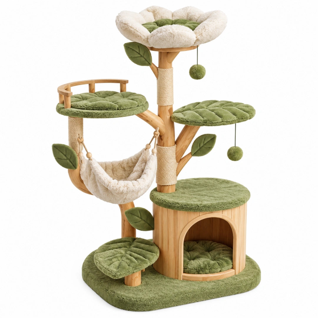 Arbre à chat 60 x 50 x 150 cm en bois vert et beige avec plateformes hamac et niche