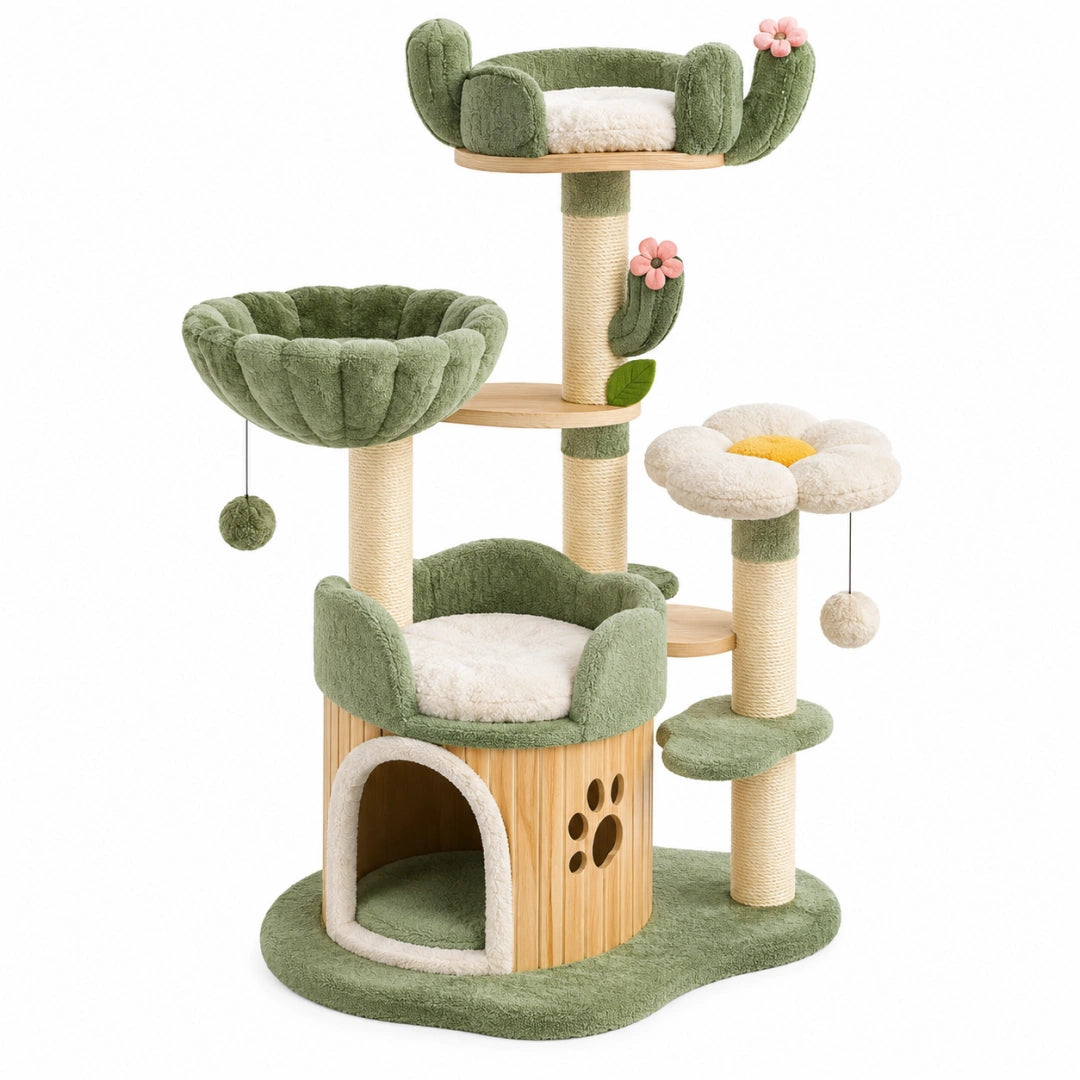 Arbre à chat 60 x 50 x 150 cm en bois sisal et peluche vert crème avec niches et plateformes