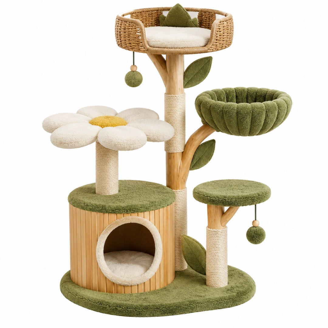 Arbre à chat 70 x 55 x 125 cm en bois et sisal vert naturel avec niches et plateformes