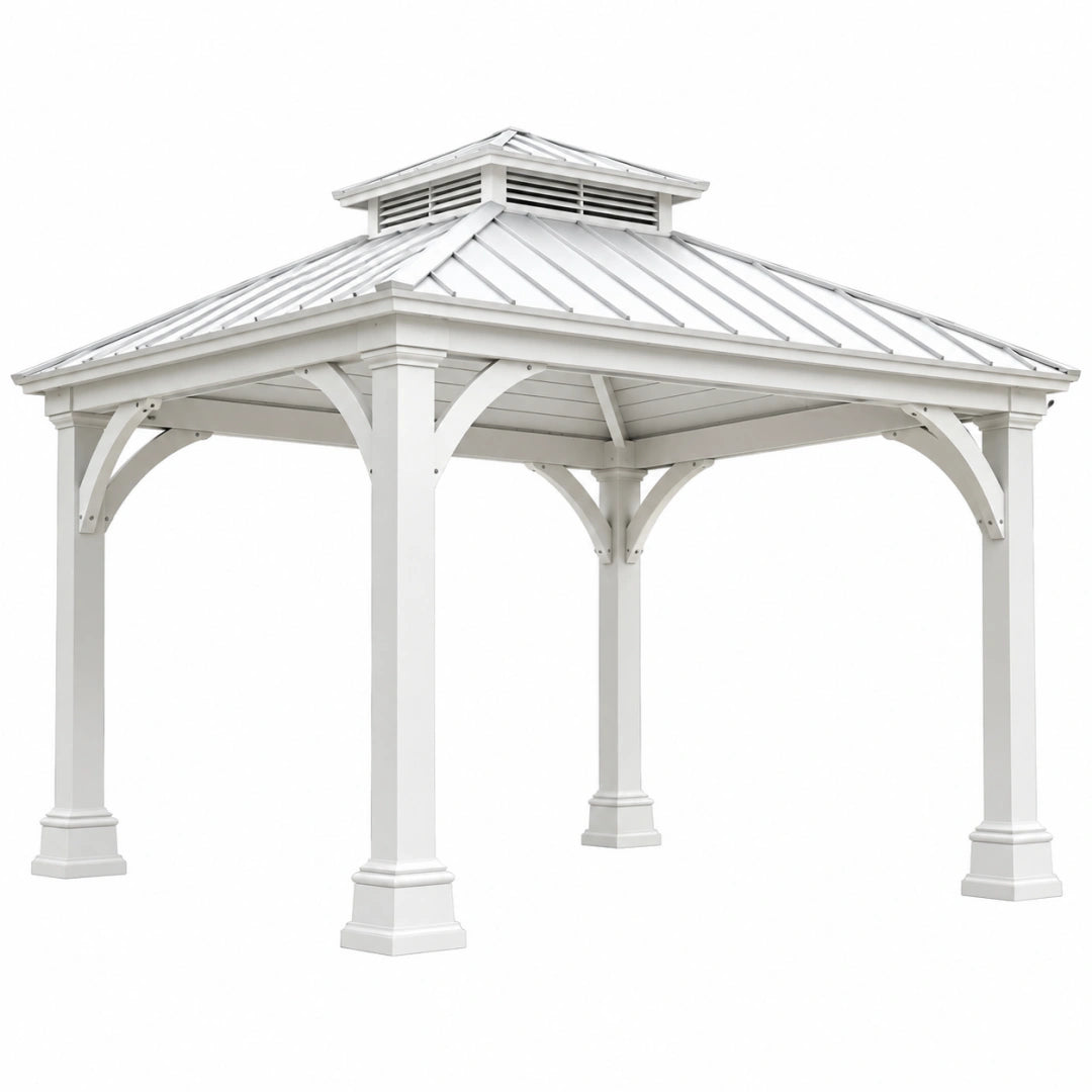 Pavillon de jardin 360 x 360 x 330 cm en bois blanc avec toit métallique style classique
