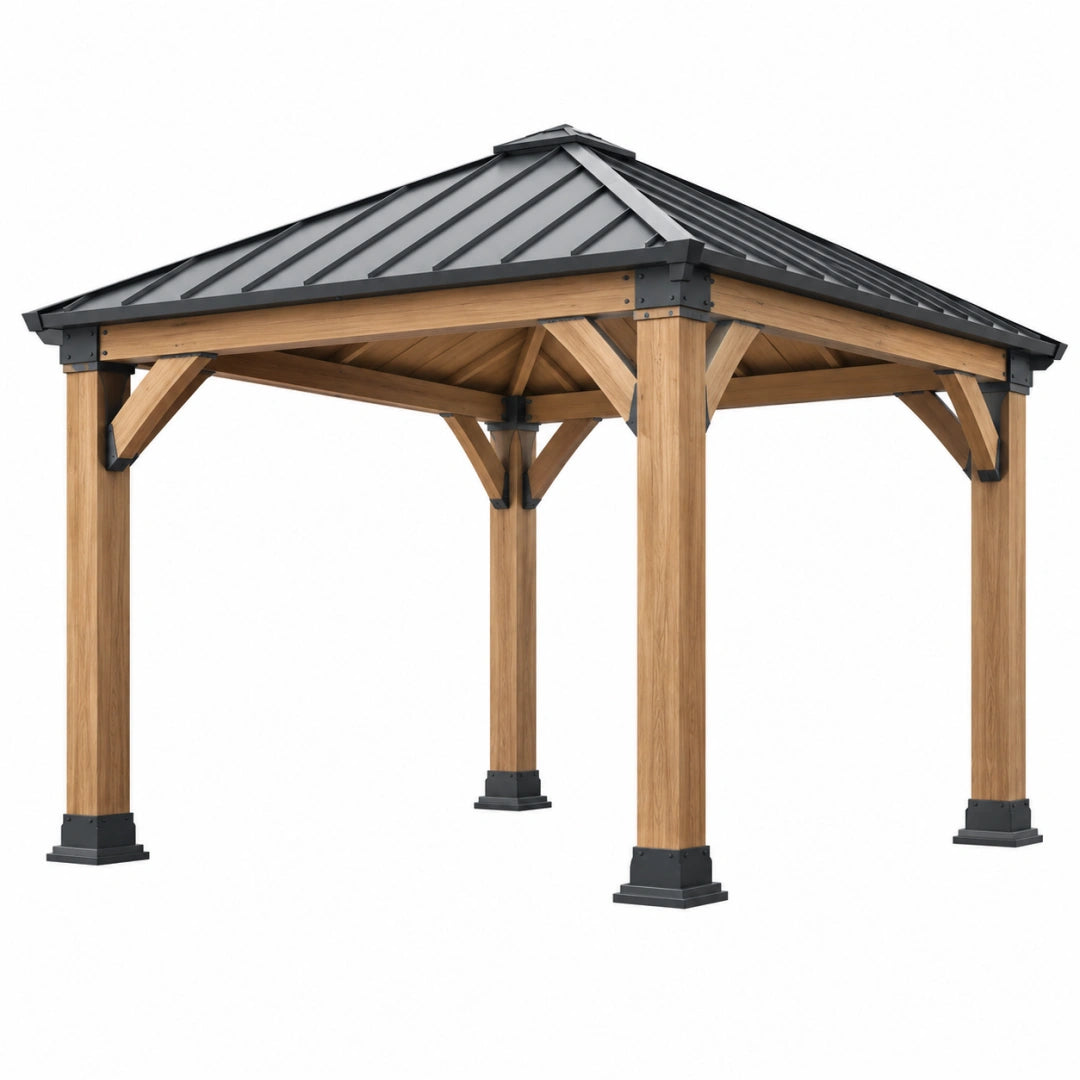 Gazebo de jardin 300 x 300 cm en bois naturel et acier noir avec toit pyramidal