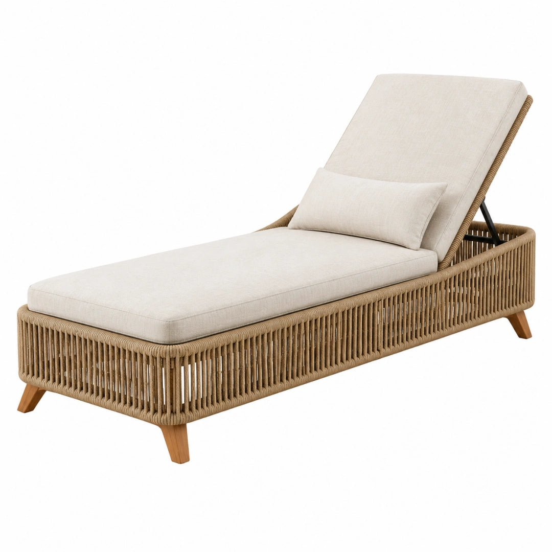 Chaise longue extérieure 200 x 75 cm en résine tressée beige avec dossier réglable