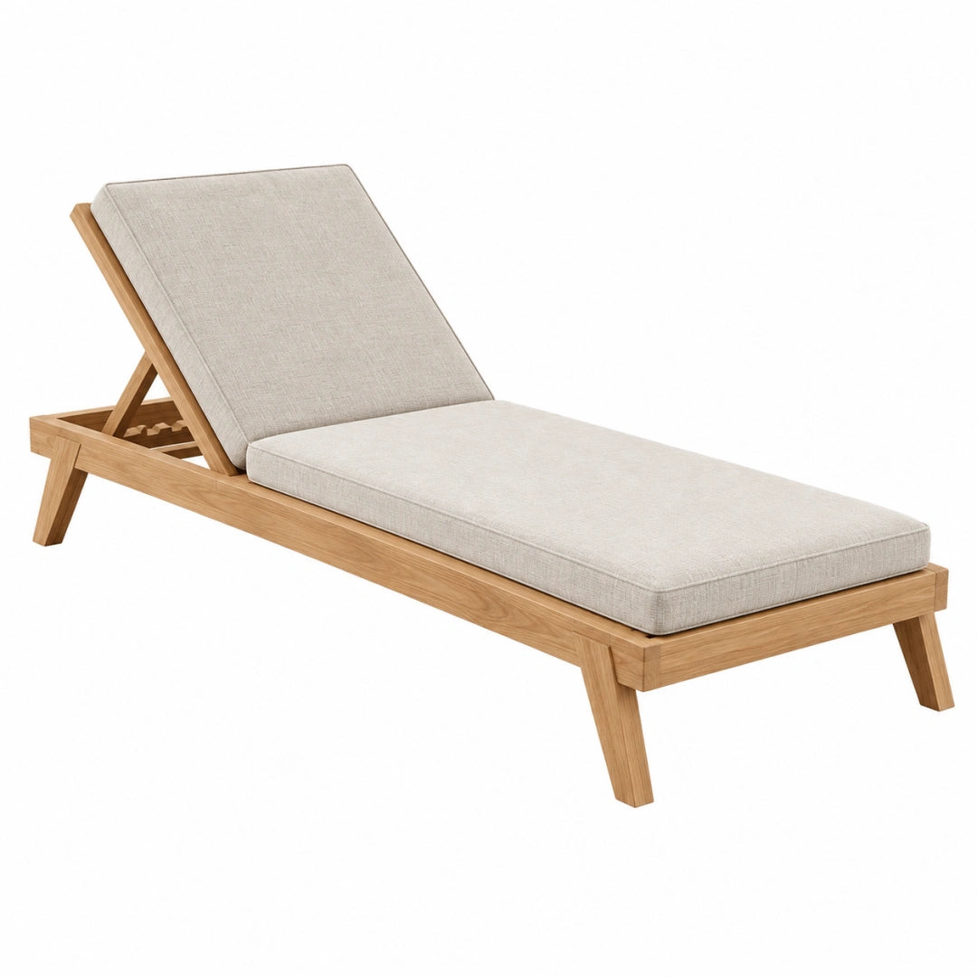 Bain de soleil 200 cm en bois beige avec coussin dossier réglable style contemporain