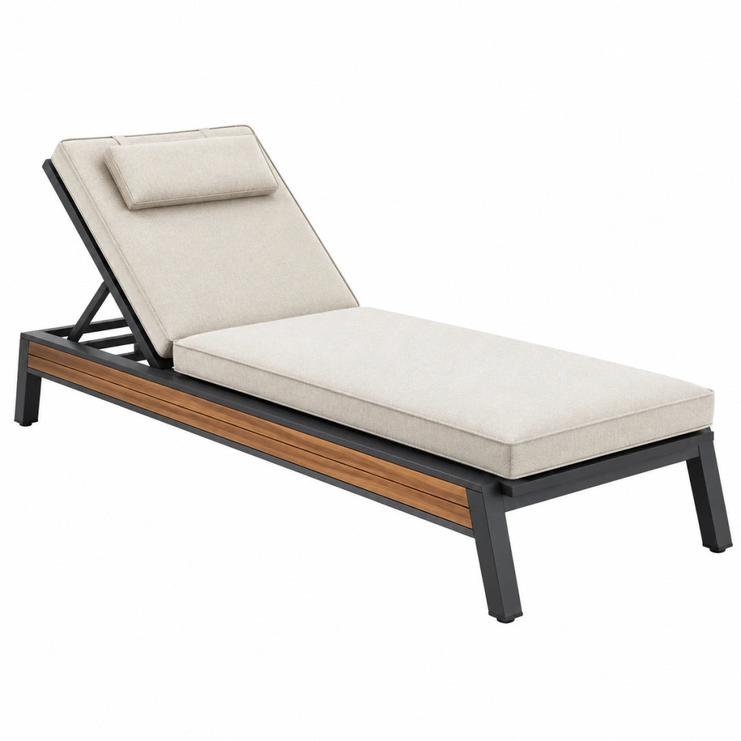 Chaise longue de jardin 200 x 70 x 95 cm en aluminium noir et bois avec coussins beige dossier réglable